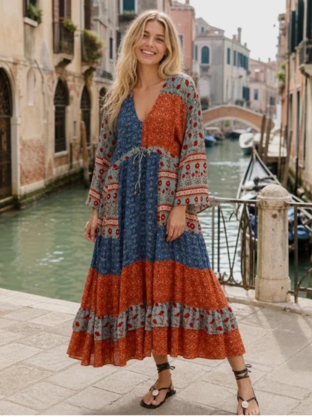 Zara Multicolor Ruby Bohemian Patchwork V-Neck Maxi Dress Peasant Cottage Sz L